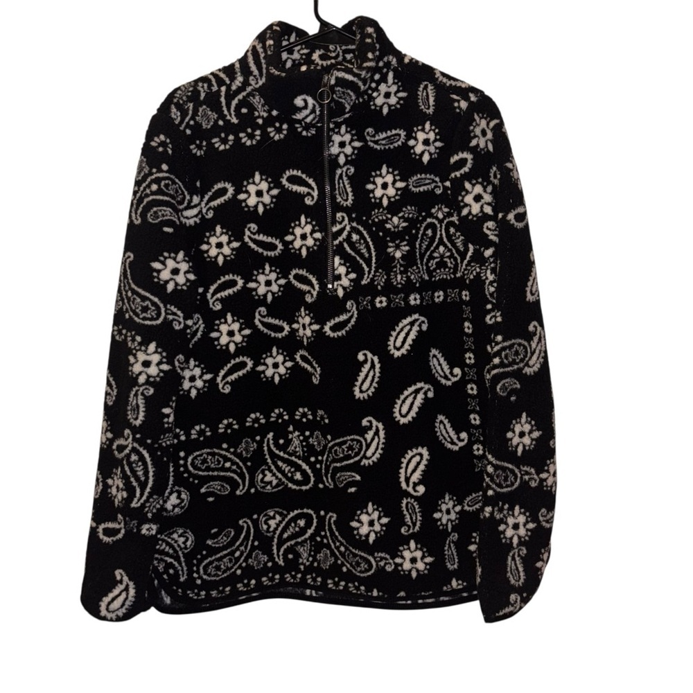 Como Blu Large Bandana Paisley Half Zip Fleece Pullover Black Cream Cozy